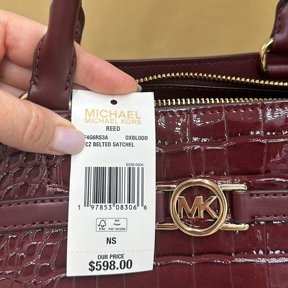 NWT MICHAEL MICHAEL KORS Reed
Large Croc-Embossed Leather Belted
Satchel Oxblood - Picture 14 of 16